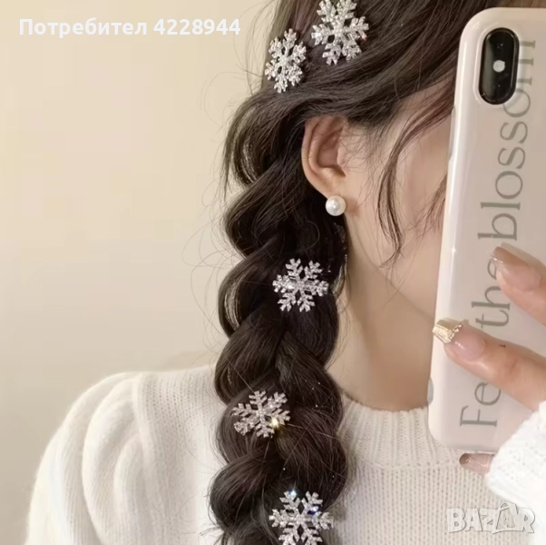 Коледен комплект фиби снежинки – 5 броя, с перли и кристали, снимка 1