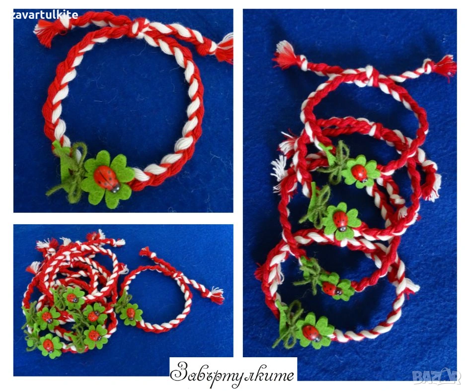 Мартеници гривни с дървена калинка и детелинка от филц, снимка 1