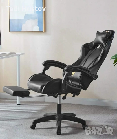 Черен геймърски стол с регулируема височина, лумбална възглавница и метална основа, снимка 4 - Столове - 53239125