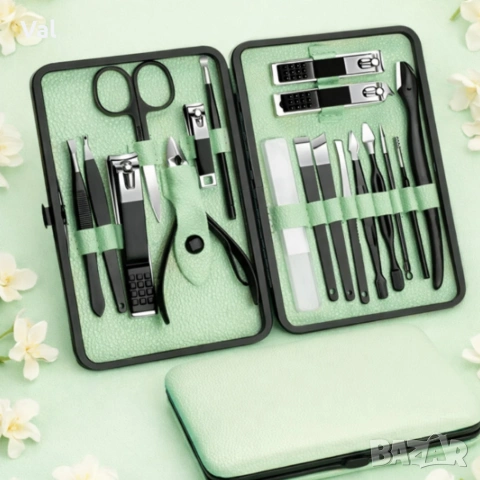 Комплект за маникюр от 18 части в елегантен зелен калъф