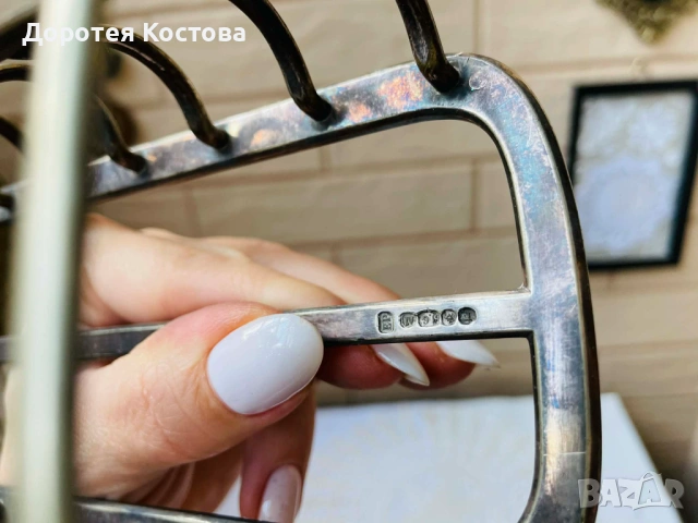 Красива посребрена поставка за 6 филии от Англия, с маркировки, снимка 6 - Антикварни и старинни предмети - 54229530