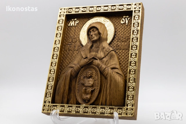 Релефна икона на Св. Богородица Знамение от масивен дъб, снимка 3 - Икони - 53223348