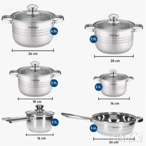 Комплект съдове за готвене, Cheffinger, 12 части, неръждаема стомана, за всички видове котлони, 3-сл, снимка 1