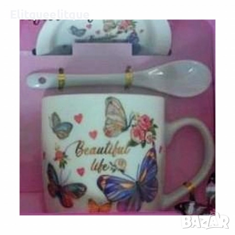 Комплект керамична чаша с лъжичка и чинийка, снимка 4 - Чаши - 52188625