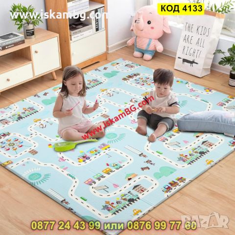 Сгъваемо детско килимче за игра, топлоизолиращо 180x200x1cm - Жираф и Писта с Влакчета - КОД 4133, снимка 3 - Други - 45509327