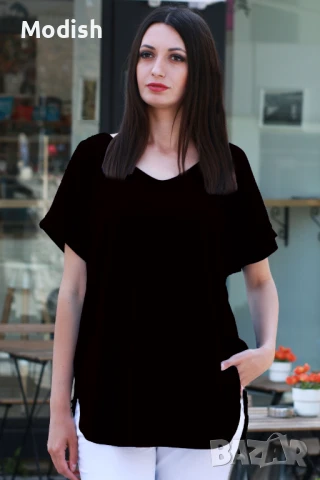 Памучна изчистена дамска блуза с къси ръкави 7043, снимка 5 - Тениски - 50696282