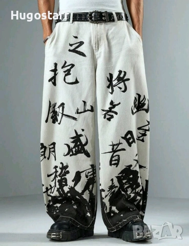 Нови японски йероглифи baggy дънки Casual Loose Fit Jeans панталони карго M/32