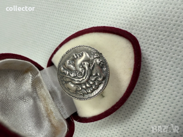 Гръцки сребърен пръстен с монета - Александър III. №7660, снимка 3 - Пръстени - 52624382