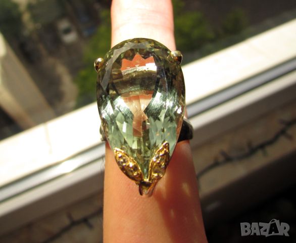 925 сребърен пръстен с 30 карата зелен аметист, камък 25x15мм, общо тегло 13гр., снимка 4 - Пръстени - 46311135