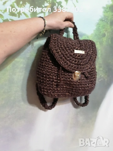 ръчно плетена раничка в кафяво с ламе, снимка 2 - Чанти - 54030217