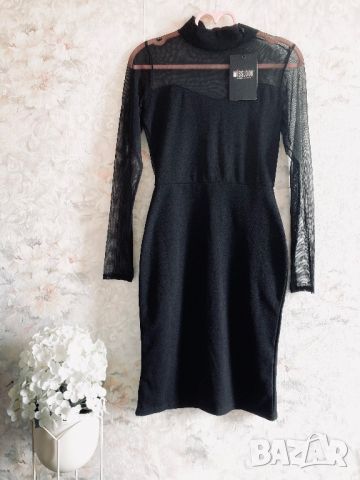 Елеганта черна рокля по тялото еластична с тюлен гръб и ръкави секси за повод 38 S/M- M, снимка 2 - Рокли - 45714037