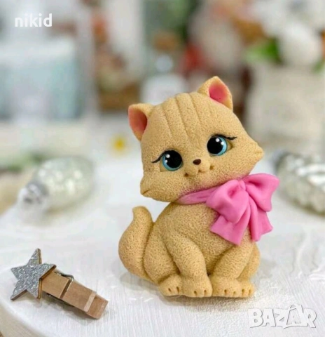 Коте с панделка котка котенце Marie Cat Мари силиконов молд форма фондан гипс шоколад смола свещ, снимка 5 - Форми - 53881162