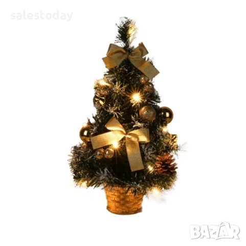 Елха с жълти топки и шишарки, Декоративна светеща елхичка с 20 LED лапички, 50см, снимка 2 - Декорация за дома - 52373528