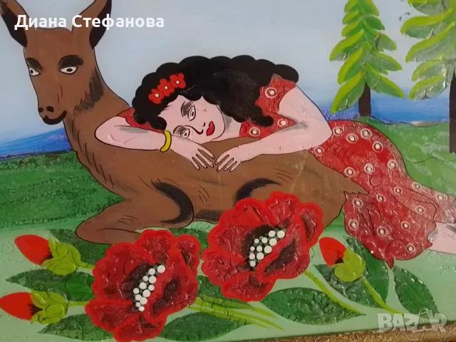 Стара картина върху стъкло "АЛЁНУШКА И СЕРЫЙ ВОЛК", снимка 2 - Антикварни и старинни предмети - 49991780