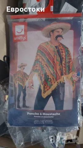 Smiffys Poncho & Moustache, оранжево, каубойско и индианско модно пончо, западни костюми за обличане, снимка 3 - Други - 47569968