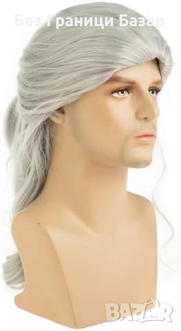 Нова Сива дълга вълниста мъжка перука за Хелоуин косплей костюм парти, снимка 3 - Аксесоари за коса - 53534520