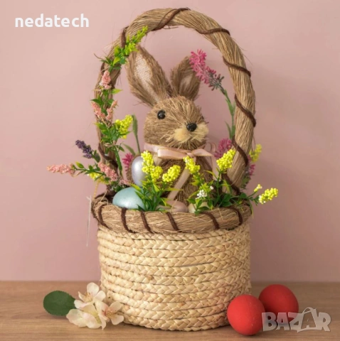 Великденска кошница със зайче, цветя и яйца, Ø17x35 см, снимка 2 - Декорация за дома - 53350611