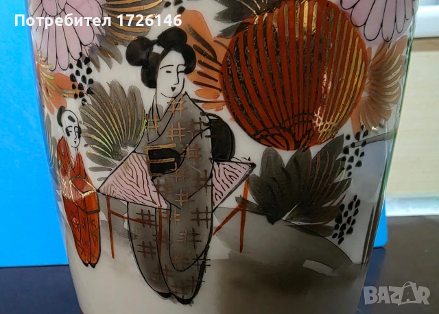 Японска порцеланова ваза (Satsuma стил), ръчно рисувана, има златни орнаменти — 21.5 см, снимка 6 - Декорация за дома - 53777915