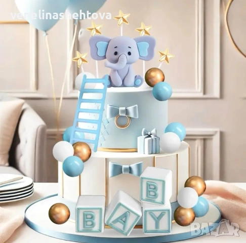 23 броя комплект слон слонче стълбичка топчета син бял златист цвят декорация торта , снимка 2 - Други - 53891331