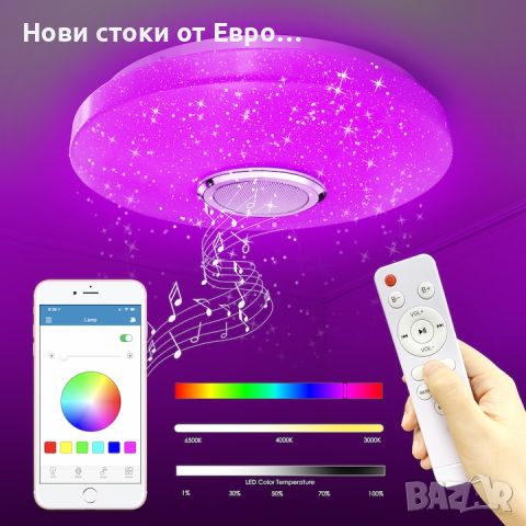 Плафон, Led, Вградена Bluetooth музикална колонка, Включено дистанционно управление, Управление от п, снимка 9 - Лампи за таван - 45579208