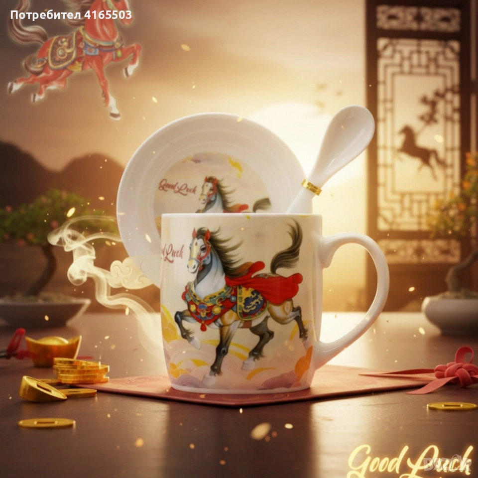 Подаръчен късметлийски порцеланов комплект – чаша, чинийка и лъжичка с празничен дизайн на коне, снимка 1
