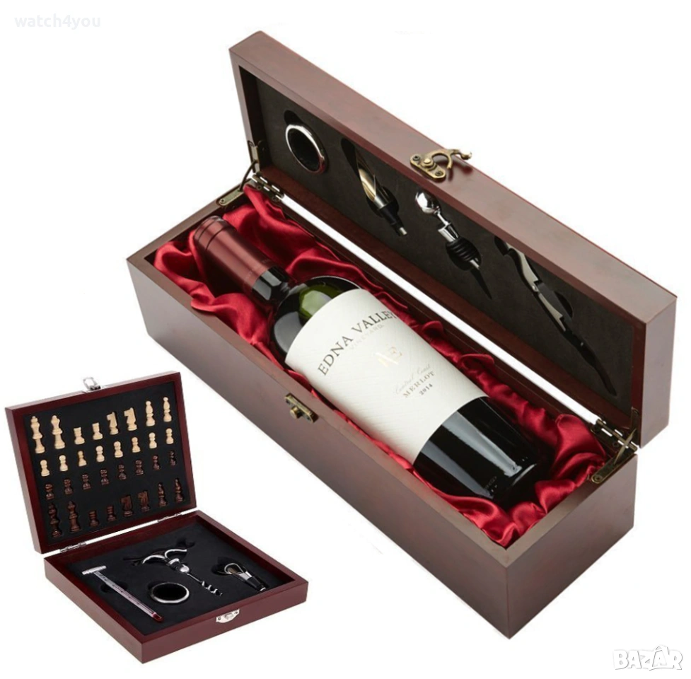 НОВ КОМПЛЕКТ ЗА ВИНО В ЛУКСОЗНА ДЪРВЕНА КУТИЯ С АКСЕСОАРИ. СЕТ ЗА ВИНО С ШАХ. ШАХМАТНА ДЪСКА 2V1., снимка 1