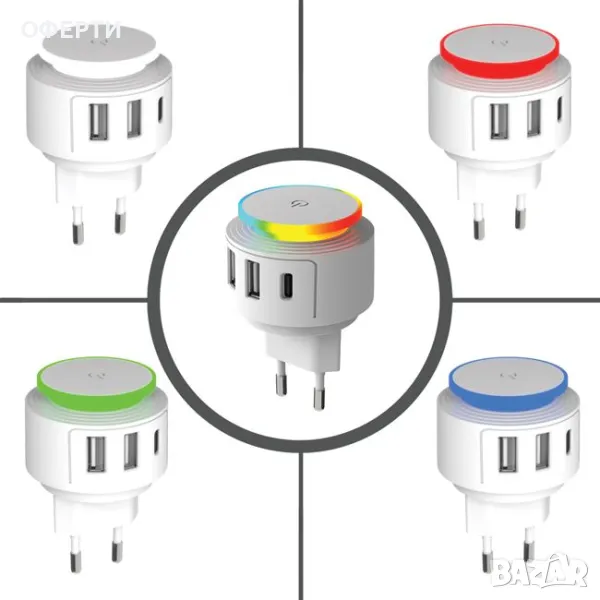 Зарядно устройство с 2 USB порта и тип C с нощна лампа i-JMB арт No226542, снимка 1