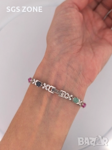 СРЕБЪРНА ГРИВНА С НАТУРАЛЕН САПФИР, РУБИН, ИЗУМРАД ОТ ТАЙЛАНД, снимка 2 - Гривни - 52315917