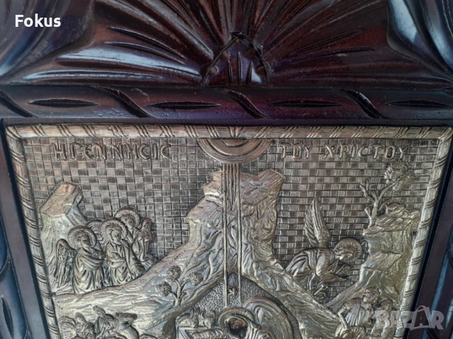 Голяма сребърна икона с дървена рамка дърворезба сертификат, снимка 6 - Антикварни и старинни предмети - 53417802