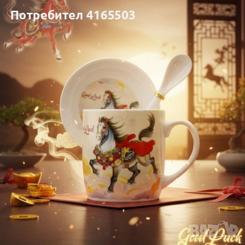 Подаръчен късметлийски порцеланов комплект – чаша, чинийка и лъжичка с празничен дизайн на коне