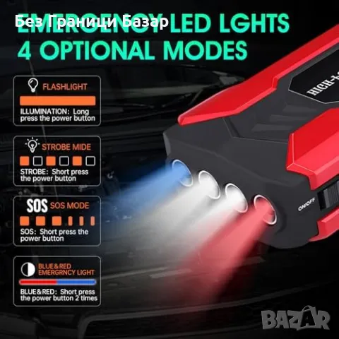 Нов Портативен стартов уред 12V с LED SOS светлина и USB зарядно кола, снимка 5 - Друга електроника - 48517633