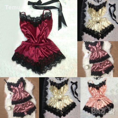 Елегантна дамска пижама – топ, къси панталонки и сатениран аксесоар. Цветове - чисто черен/черен, че, снимка 11 - Пижами - 45718034