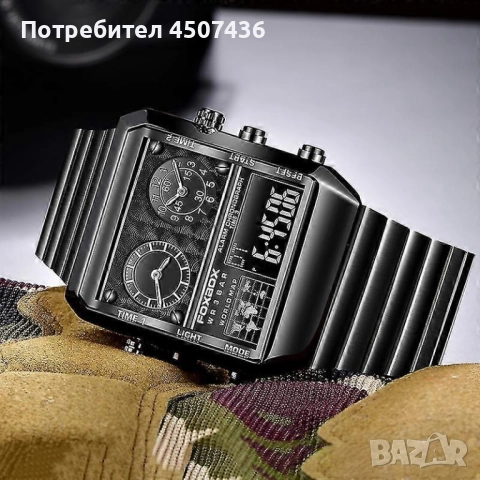 FOXBOX Унисекс аналогов/дигитален концептуален часовник,черен циферблат,каишка от неръждаема стомана, снимка 2 - Мъжки - 52793580