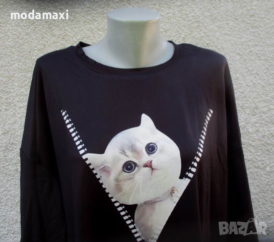 4XL Нова черна блуза с котенце, снимка 2 - Тениски - 45702545