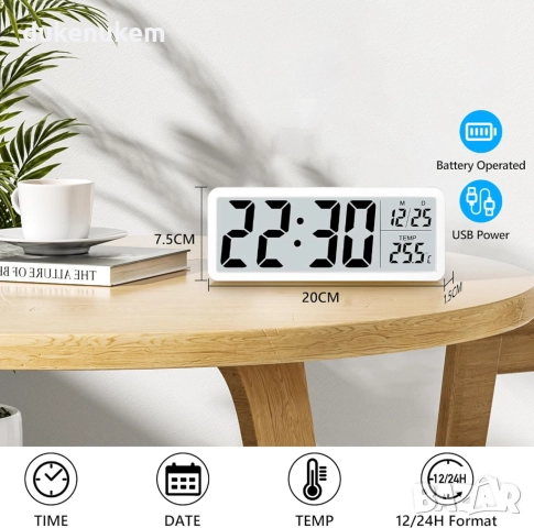 Дигитален стенен часовник, големи цифри, температура, безшумен, снимка 2 - Декорация за дома - 52812499
