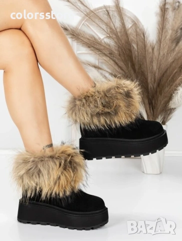 Боти на платформа - черен ЕСТЕСТВЕН велур с бежов ЕСТЕСТВЕН косъм - 3ASJN73 