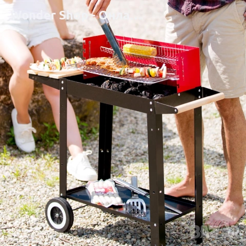 Градинско барбекю на колела от емайлирана стомана с 4 степени на нагряване + подарък комплект от 3 п, снимка 4 - Барбекюта - 53885584