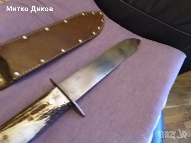 Масивен ловен нож дръжка еленов рог калъф естест.кожа 45см и острие 247х43мм дебелина 5мм, снимка 6 - Ножове - 51009467