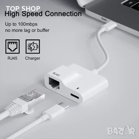 Нов USB C към Ethernet адаптер мрежов конвертор с PD 60W зареждане за MacBook Pro/Air, снимка 4 - Друга електроника - 49658511