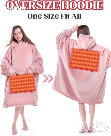 MAXEVE Отопляем суитшърт с качулка и батерия 10000mAh, голям суитшърт, топъл мек розов, снимка 2 - Суичъри - 52097440