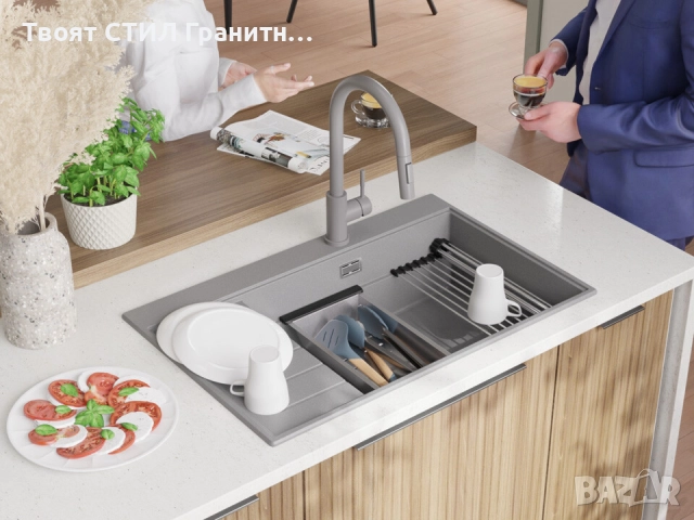 Сива гранитна кухненска мивка Сидни 780-60 Ergo Multilevel 780х500, снимка 3 - Мивки - 51918240