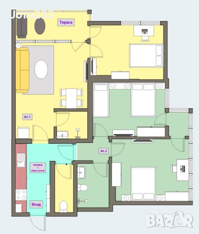От Собственик: 3-спални, 1-хол, 2-бани и 2-тоалетни, Юг-Запад, + мазе, на 100% Обзаведен, снимка 1 - Aпартаменти - 45810560
