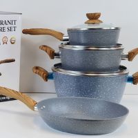 Комплект съдове за готвене с незалепващо мраморно покритие и дървени дръжки, 7 части, снимка 5 - Съдове за готвене - 45826804