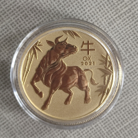 1 тройунция 24 карата (1 toz) Златна Монета Австралийски Лунар Вол 2021, снимка 3 - Нумизматика и бонистика - 45056207