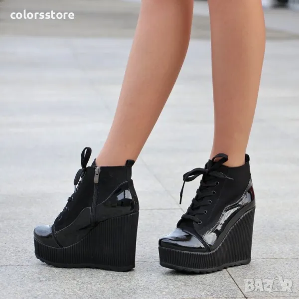 Боти на платформа - черен лак и велур - NO5, снимка 1