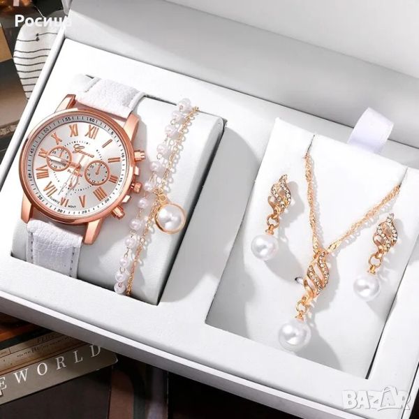 Комплект дамски часовник в бяло с гривна, колие и обеци., снимка 1