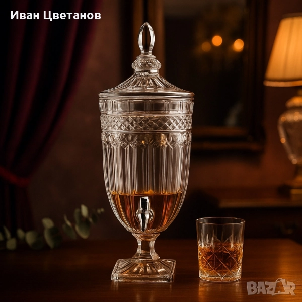 Луксозен стъклен диспенсър за сок и напитки 3L с капак и кранче, снимка 1
