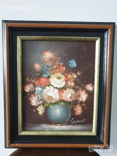 Gustavus 33х28см/малка стара картина масло върху платно/натюрморт ваза с цветя/дървена рамка, снимка 1