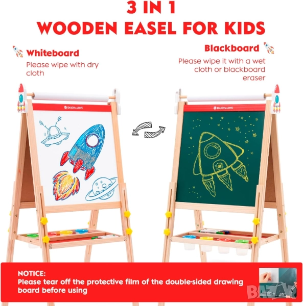 Детски Дървен Статив 3 в 1 с Регулируема Височина и Ролка за Рисуване Двустранна Дъска за Писане!, снимка 1