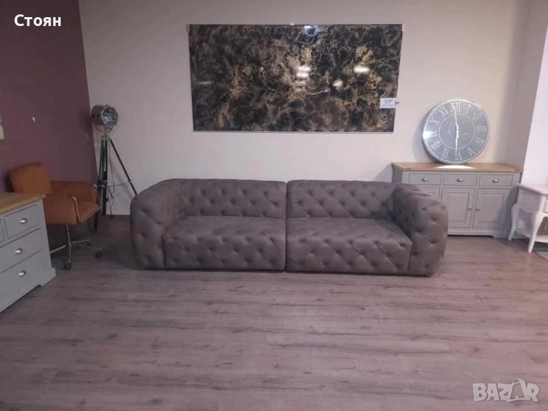 Дизайнерски кафяв кожен диван четворка Честърфийлд, снимка 1